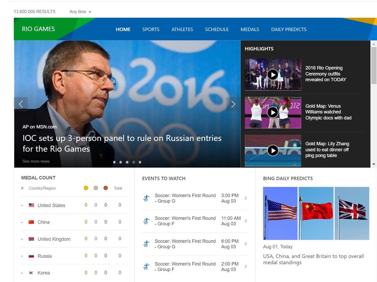 موتور جستجوی Bing مایکروسافت رویدادهای المپیک را پیش بینی میکند
